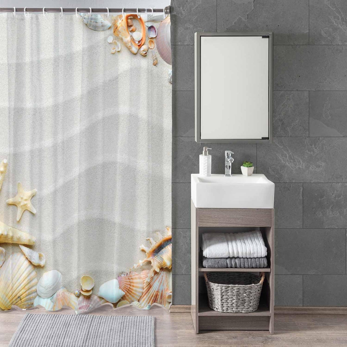 Woutay Shower Curtain Mould Proof Resistant Beach Shells,Water Repellant Fabric,Polyester,with 12 Plastic Hooks,Size 180x180CM