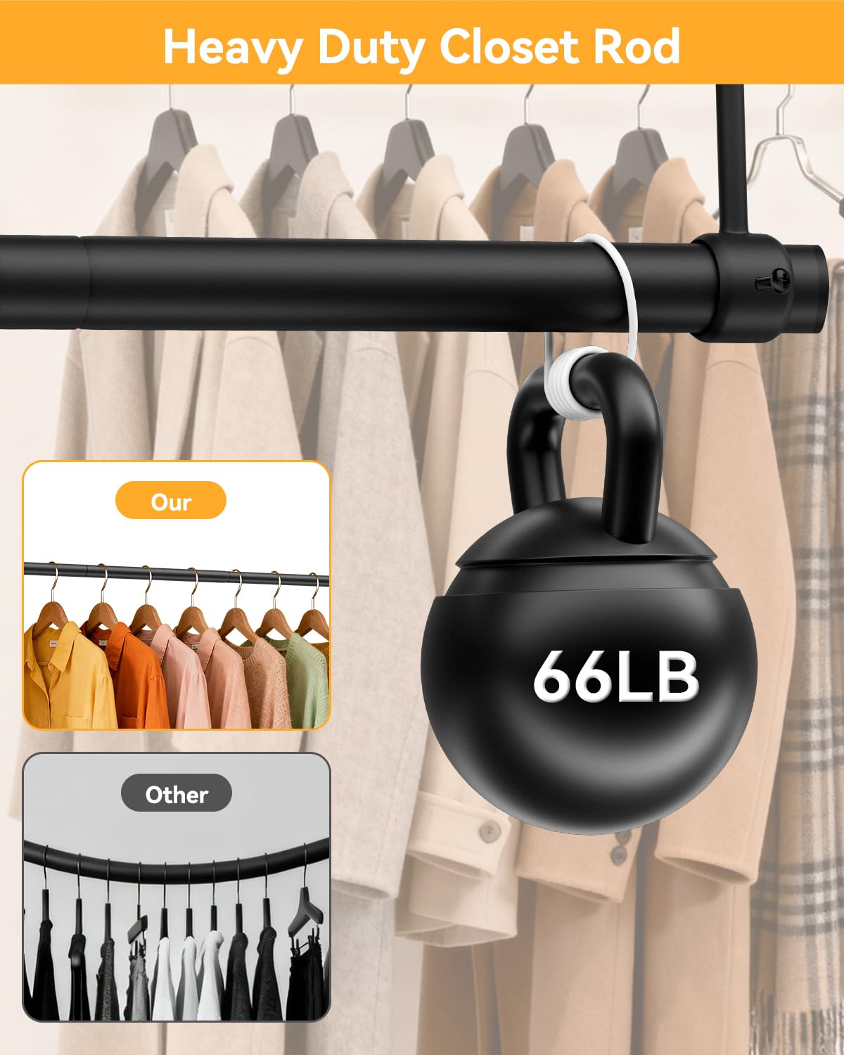 Supforce Wardrobe Rail, 43-99cm Ceiling and Wall Mounted Stepless Adjustable Wardrobe Hanging Rail, 3.3cm Heavy Duty Metal Wardrobe Pole for Wardrobe