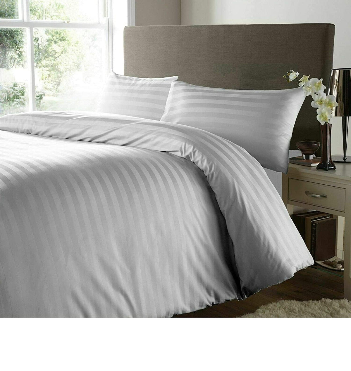 RAYYAN LINEN Satin Stripes Duvet Cover Set Satin 100% Egyptian Cotton 400 Thread Count Luxury Hotel Quality with Pillowcases (Grey Silver, Super King)