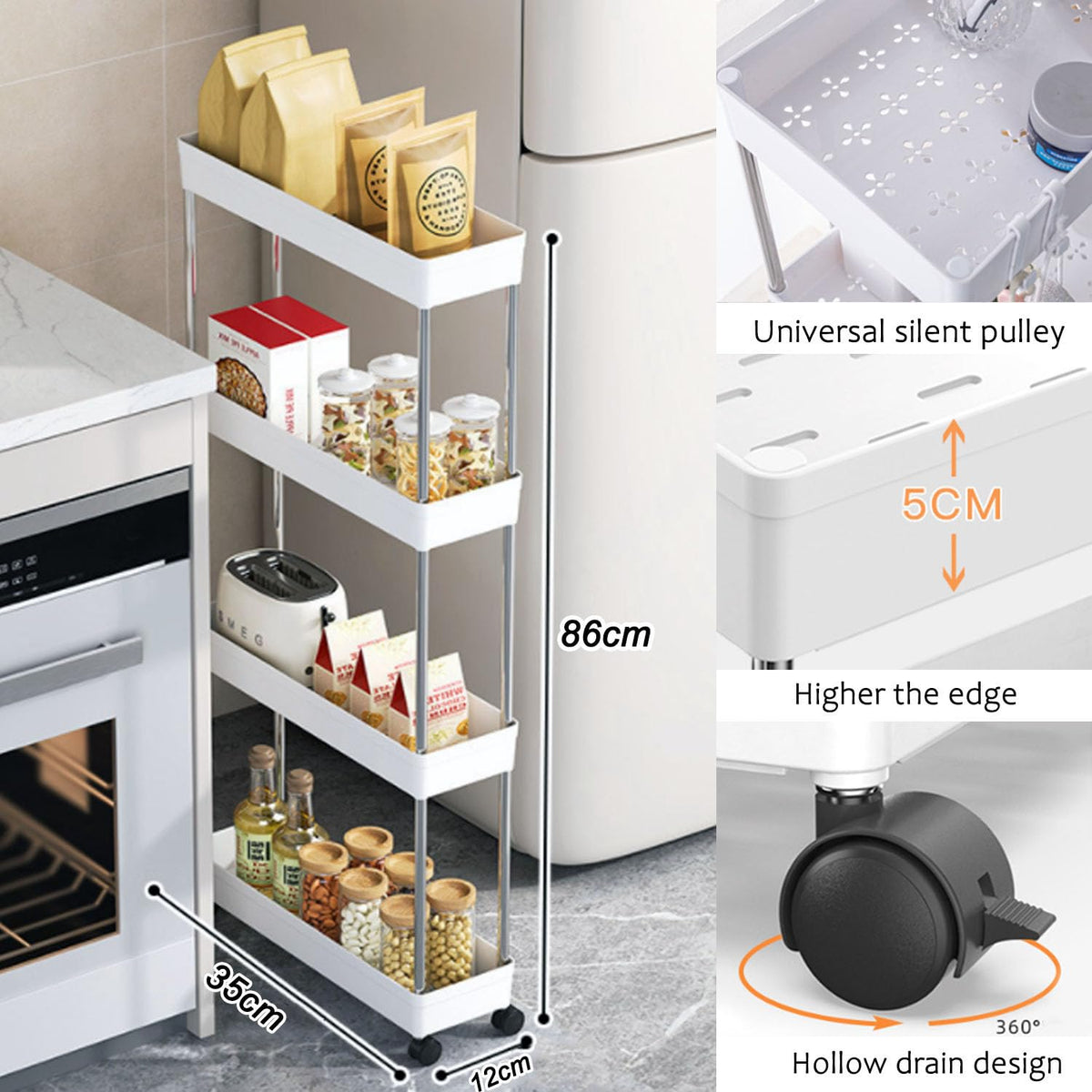 SHANGFENG Plastic Storage Trolley on Wheels Slide-out Slim Rolling Utility Cart Mobile Storage Shelving Organizer for Kitchen, Bedroom, Bathroom