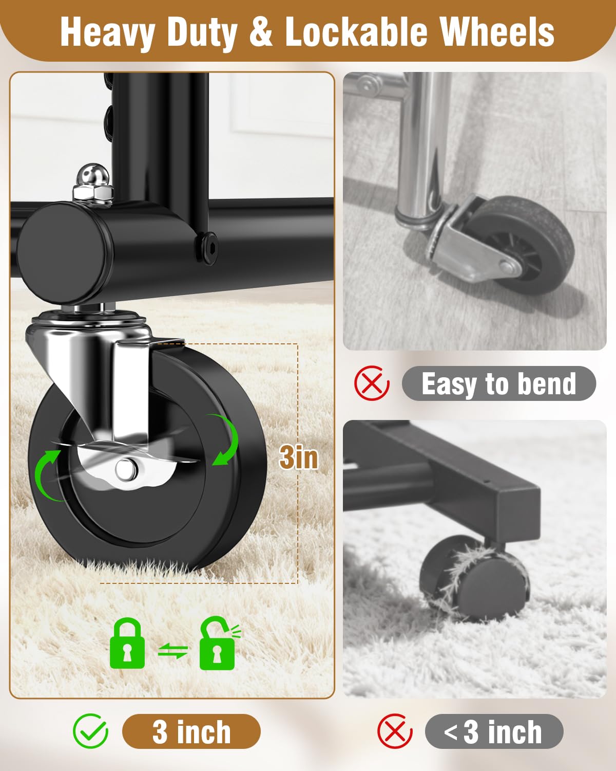 EAGMAK Heavy Duty Clothes Rail Load 252 KG, Rolling clothing Rail with Sturdy Wheels and 2 Shelves, Height Adjustable Metal Coat Racks