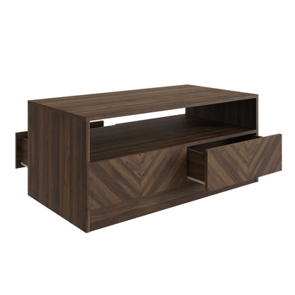 GFW Catania Coffee Table, Royal Walnut Coffee Table with 2 Drawers, Herringbone Wood Grain Finish, Modern Living Room Furniture