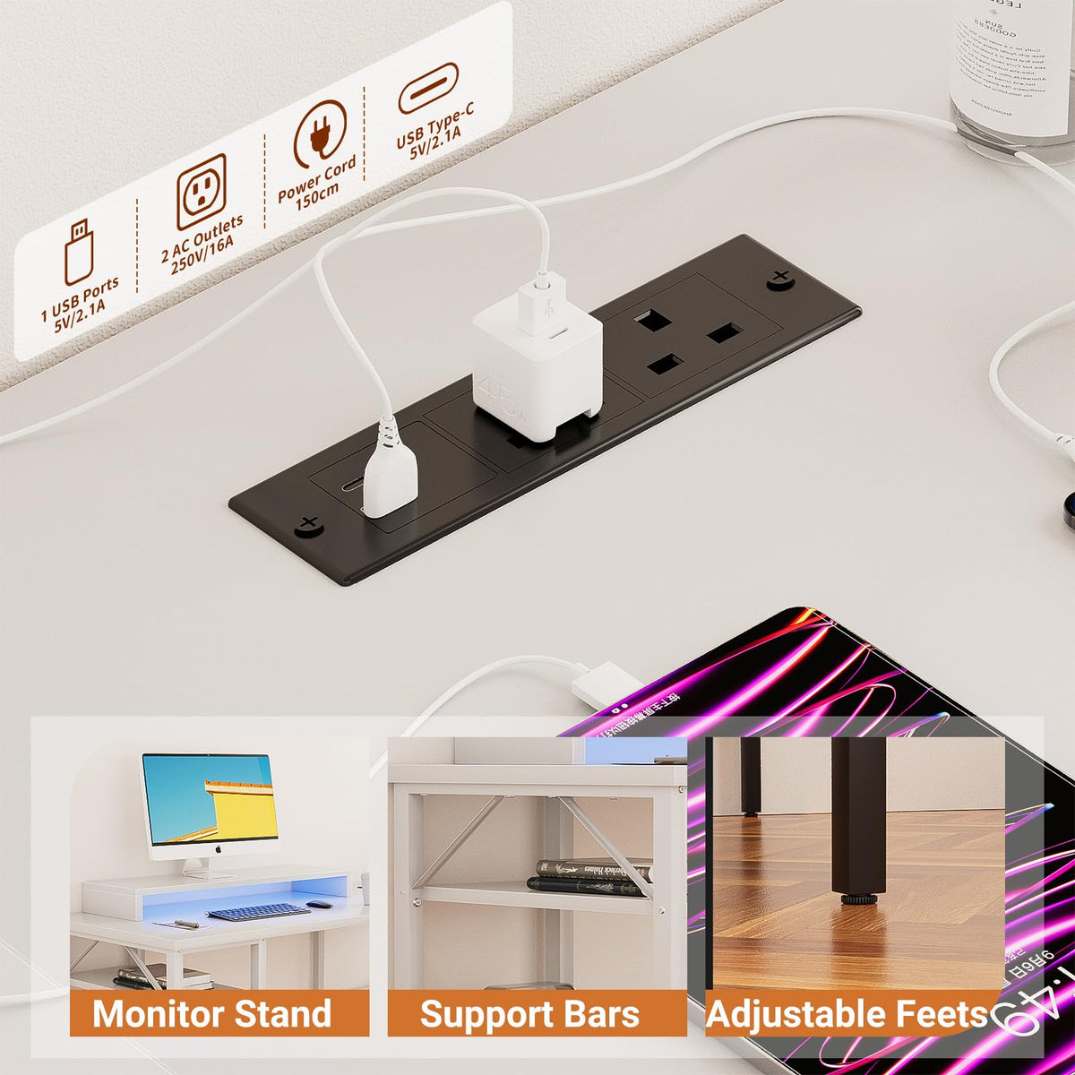 iSunirm L Shaped Desk, Gaming Desk with LED Lights, Reversible Computer Desk with Storage Shelves, Corner Table with Monitor Stand for Home