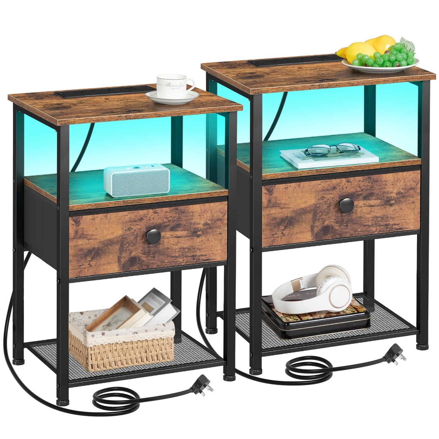 AMHANCIBLE Bedside Table Set of 2 with Charging Station, Small Side Table with LED Lights, Nightstand with Fabric Drawer and Open Storage Shelf,