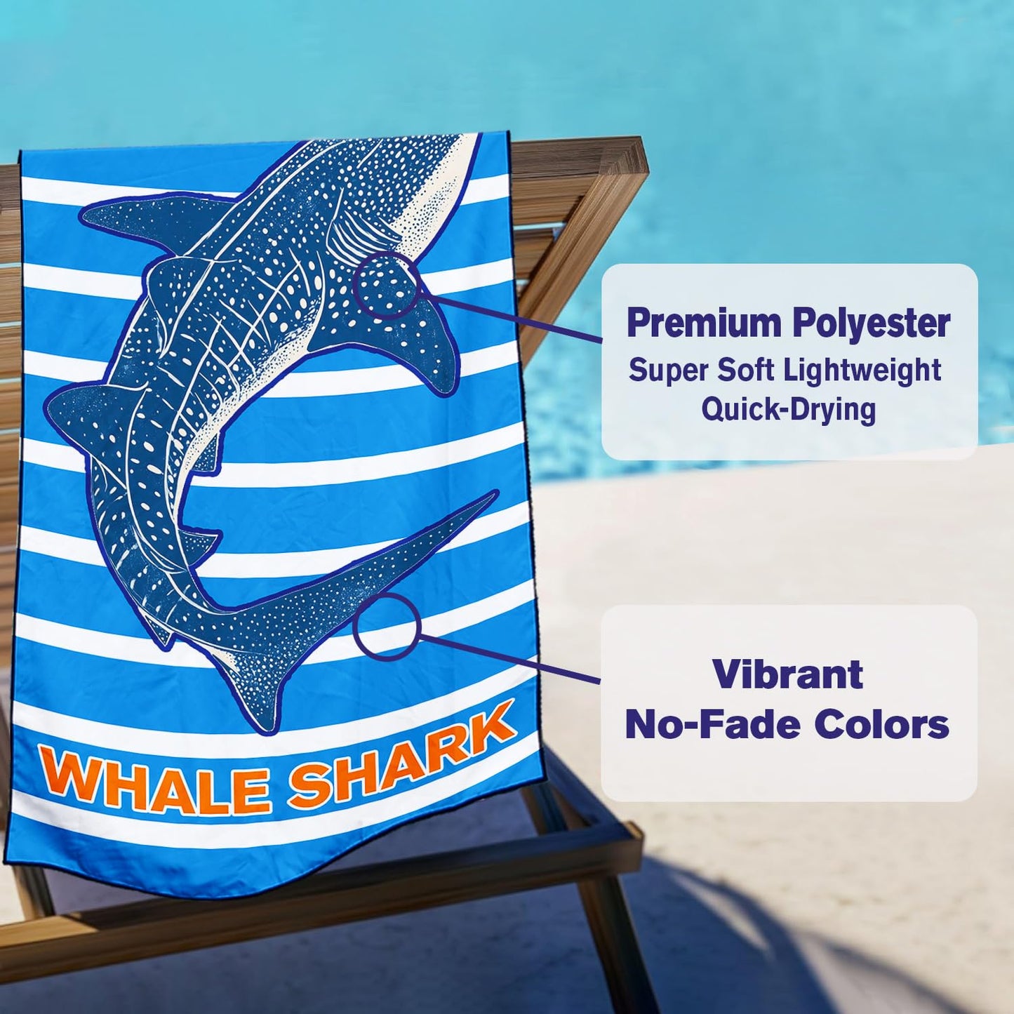 Violetpos Blue Stripe Whale Shark Beach Towel, Extra Large 180x90 cm 250GSM Microfibre, Sand Free Quick Dry