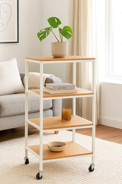 A ASPECT 4 Tiers Storage Trolley On Wheels With Wooden Shelves,Natural/White