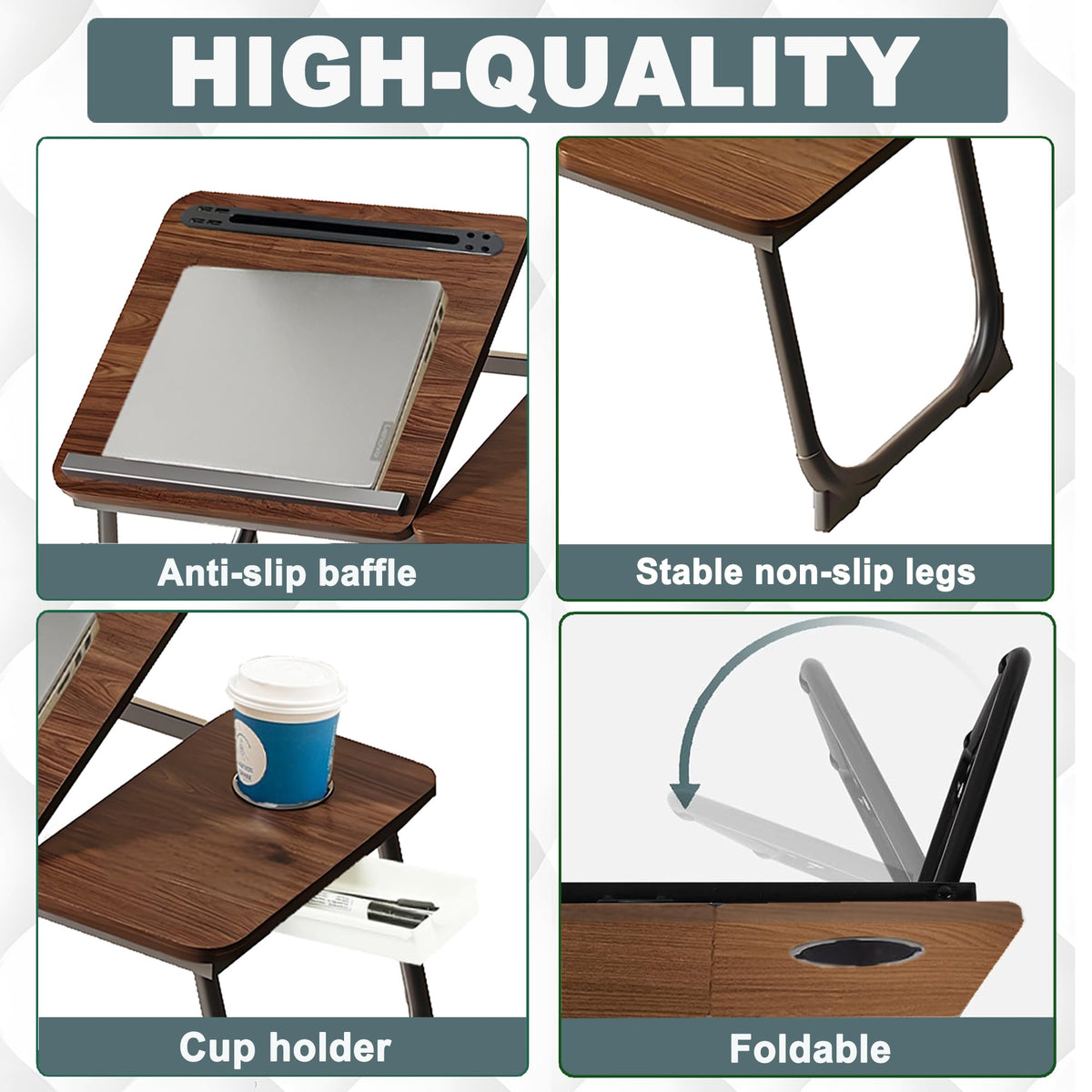 Laptop Desk, Laptop Bed Table with Foldable Legs, Cup Holder, Storage Drawer and USB Charging Port, Lap Desk Suitable for Work, Reading, Writing
