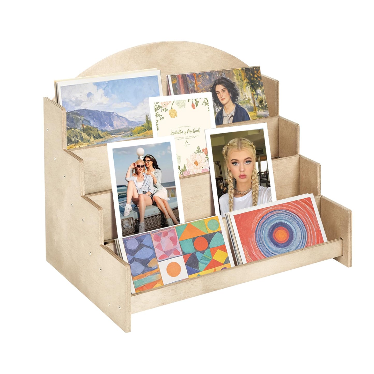 4-Tier Card Display Stand, Greeting Card Rack Storage Sticker Organizer, Multifunctional Wooden Greeting Card Holder Tiered Display Stand for Cards