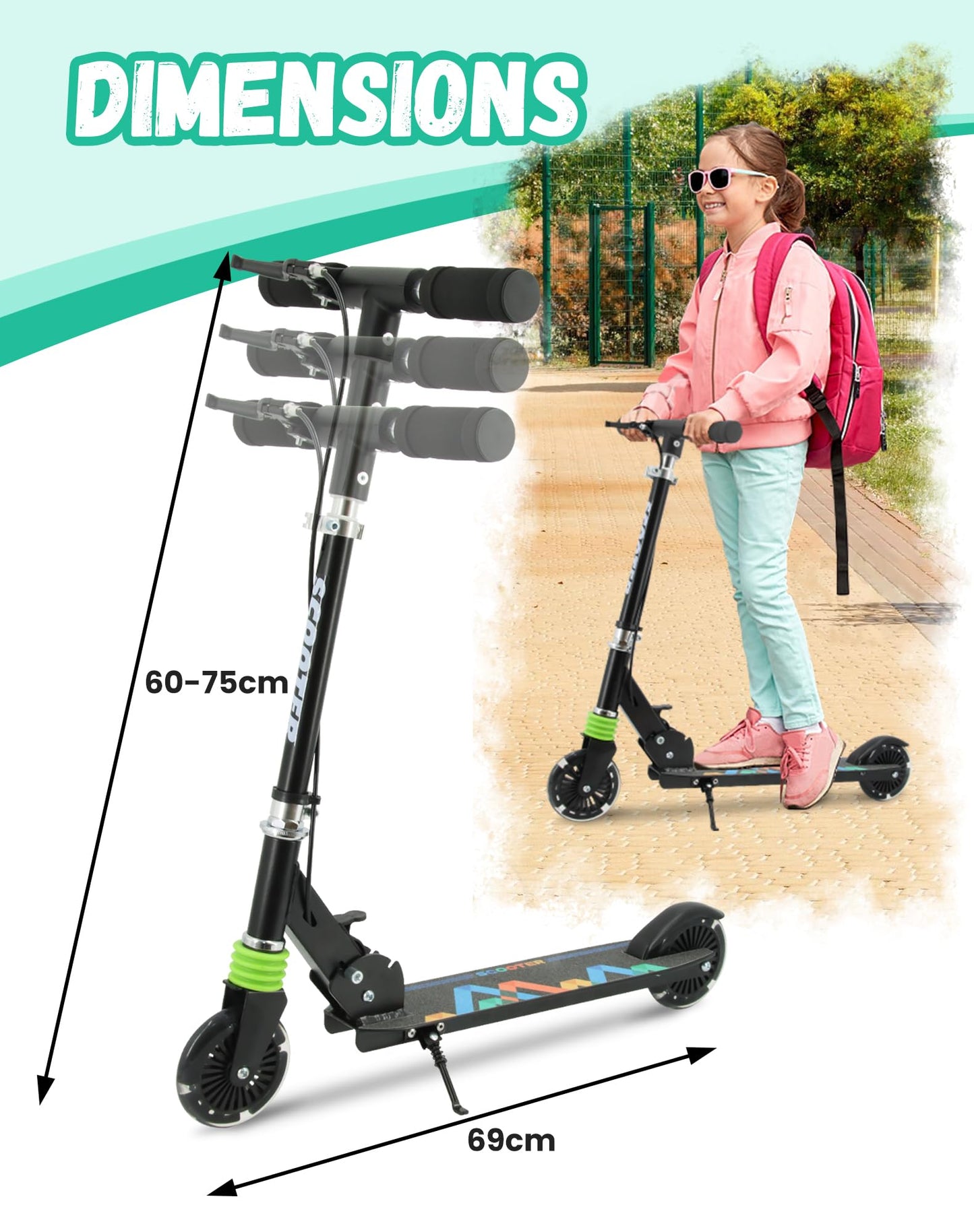 TENBOOM Scooter with Handle Brake for Kids Ages 4-7, Light Up Wheels Gift for Girls Boys Ages 6-12, Easy Folding with 3 Levels Adjustable Handlebar