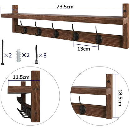 AMBIRD Wall Hooks with Shelf - 73.5cm Length Entryway Wall-Mounted Wooden Coat Hooks with Integrated Shelf
