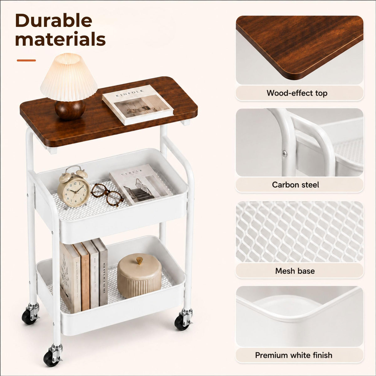 MAGIC SELECT Storage Trolley on Wheels 3 Tier. Rolling Storage Cart with Wooden Top. Metal Storage Trolley Organiser for Kitchen, Bathroom