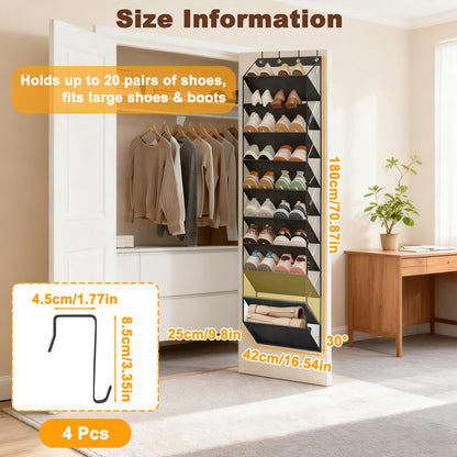 Over Door Shoe Storage with Deep Pockets & 4 Sturdy Metal Hooks, 10 Layers Hanging Boots Organiser, Overdoor Narrow Sneakers Holder