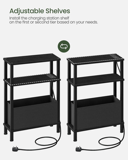 CHOEZON Slim Side Table with Charging Station, 3-Tier Narrow Side Table with Drawer, Skinny Bedside Table, End Table for Small Spaces, for Bedroom