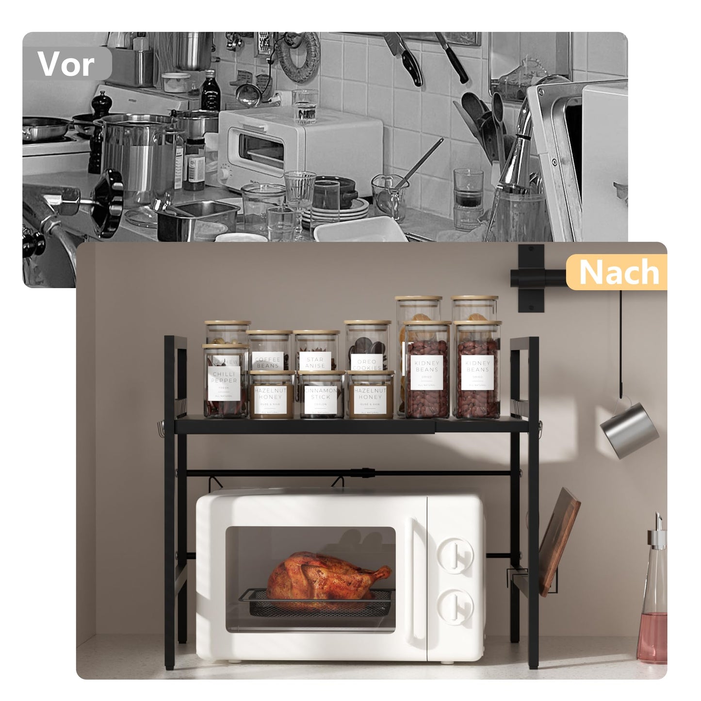 Furnestorica Retractable and Adjustable Microwave Rack, 2-Layer Microwave Shelf Made of Carbon Steel, Robust Holder with 6 Hooks
