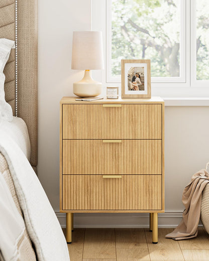 Apetaccat Bedside Table with 3 Drawers, Modern Bedside Cabniet with Metal Legs, Fluted Nightstand, Side Table for Bedroom, Living Room, Office, Oak