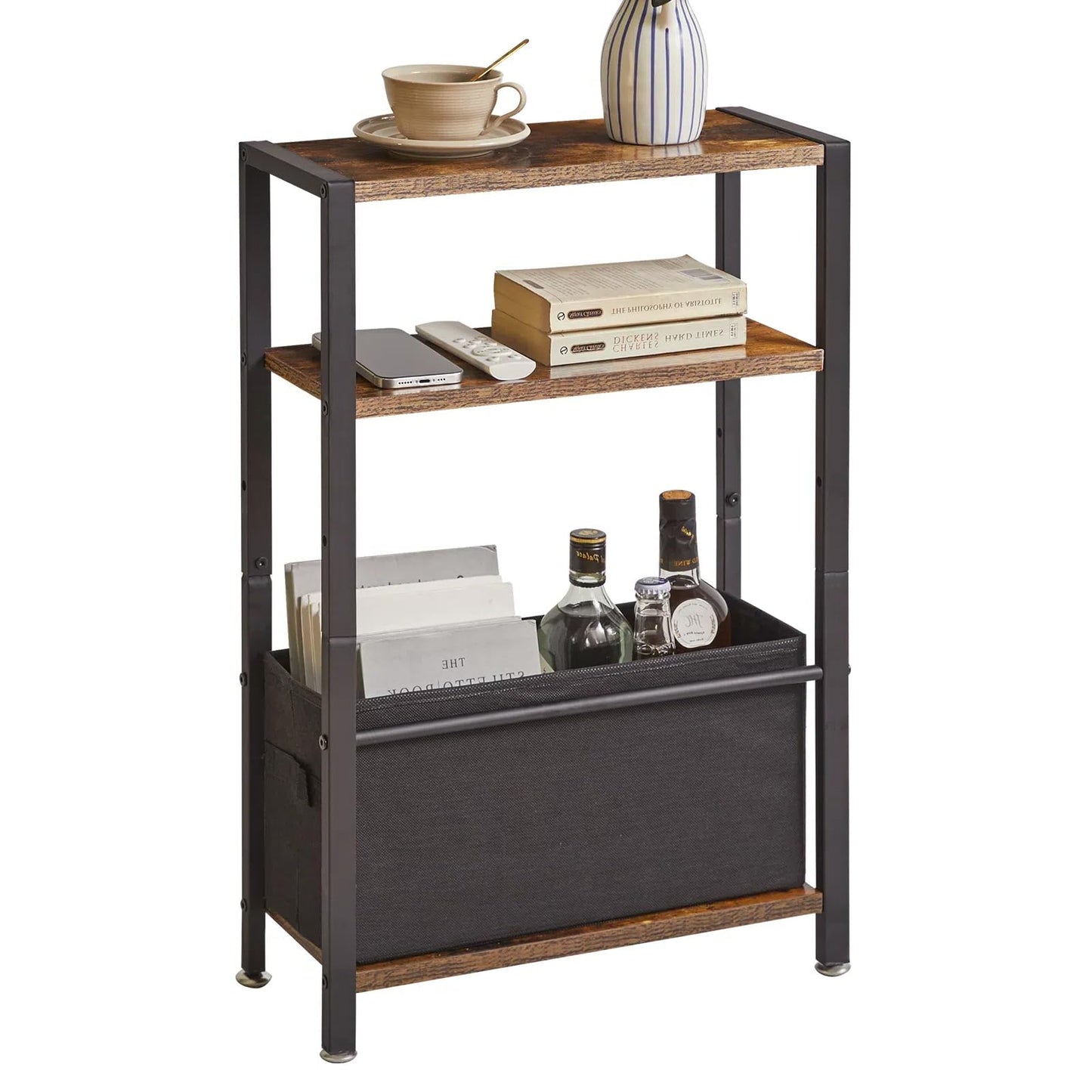 Aibiju Side Table,3-Tier Small Narrow Side Table with Storage Shelf,Slim End Tables with Fabric Basket for Narrow and Small Spaces,Rustic