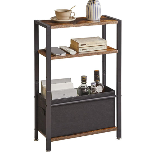 Aibiju Side Table,3-Tier Small Narrow Side Table with Storage Shelf,Slim End Tables with Fabric Basket for Narrow and Small Spaces,Rustic