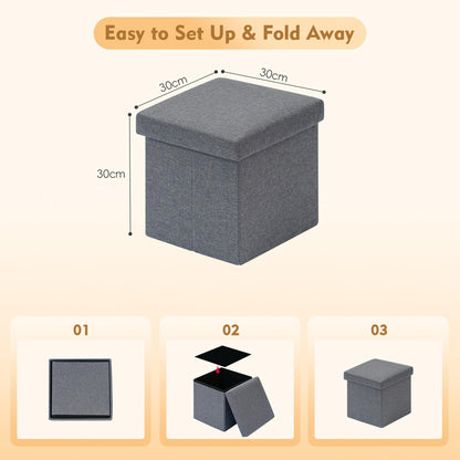 Bonlife Grey Small Ottoman Storage Box with Lid,Foot Rest Stool with Storage,Linen Toy Chest Box,Folding Footstool Cube Seat for Living Room 11.8"