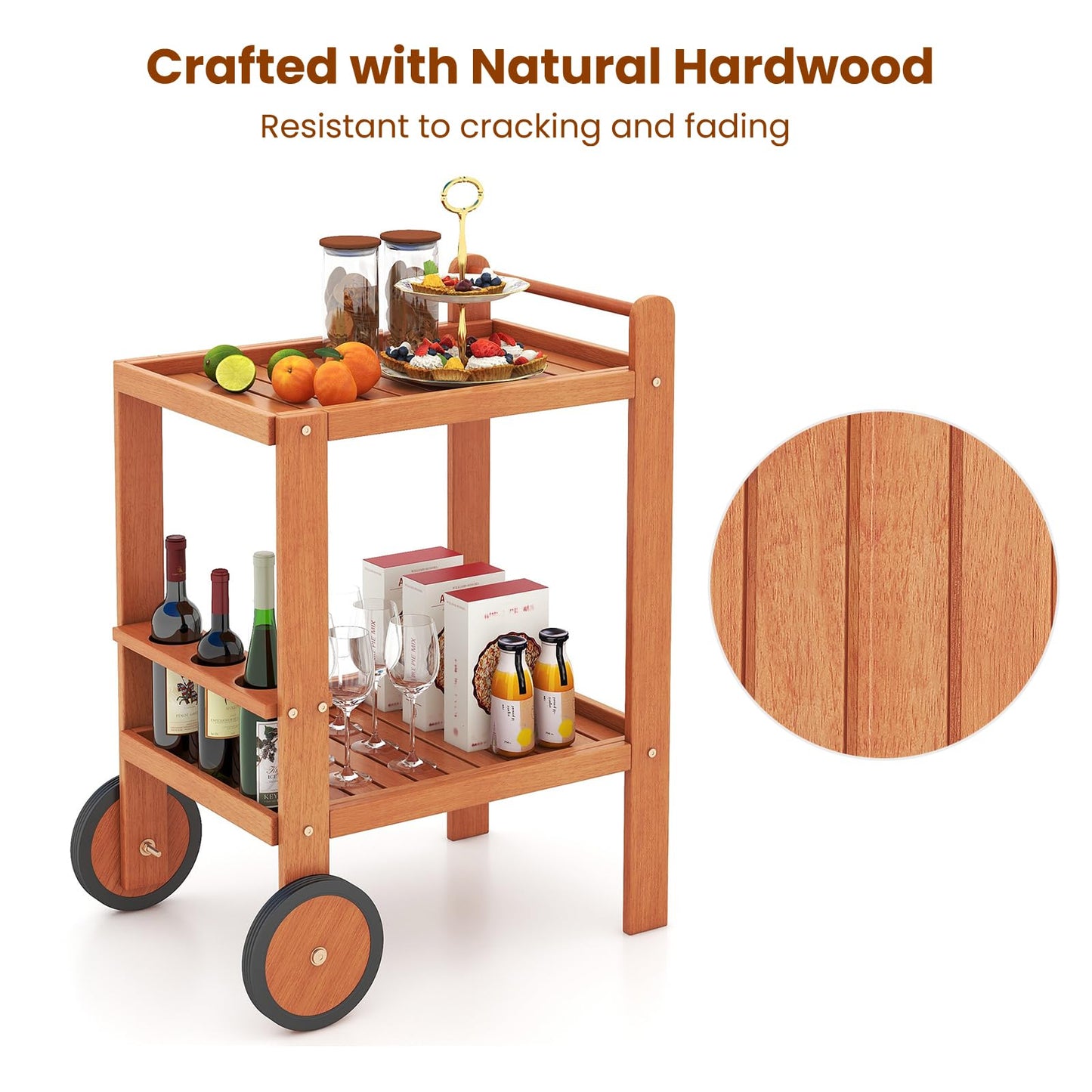 GiantexUK 2-Tier Serving Trolley, Wooden Bar Cart with Wine Bottle Holders, 2 Wheels & Handle
