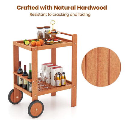 GiantexUK 2-Tier Serving Trolley, Wooden Bar Cart with Wine Bottle Holders, 2 Wheels & Handle