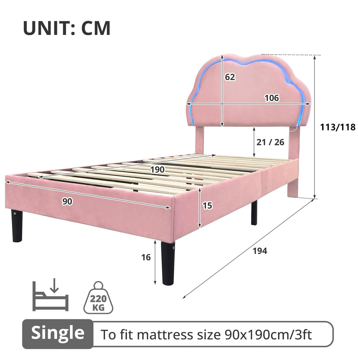 Ball & Cast 3ft Single Upholstered Bed with LED Adjustable Cute Cloud Headboard, Soft Velvet Bed Frame with Solid Wood Slat, No Box Spring Needed