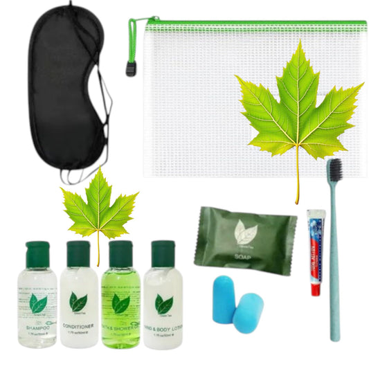 Travel Size Toiletry Set, BotiqueBF GreenTea, 50ml Hotel Amenities Kit with Eye Mask and Ear Plugs, 10 Pieces and PVC Bag