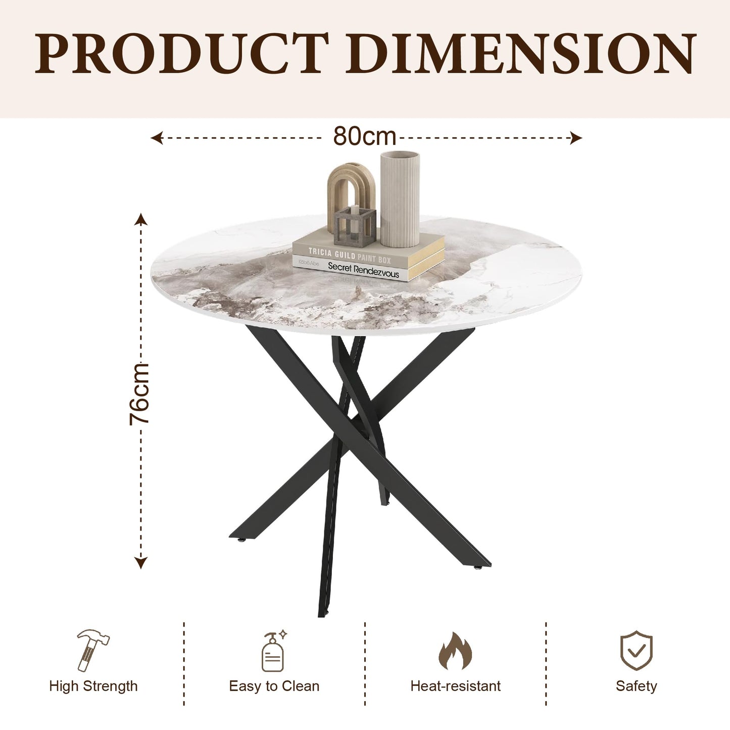 GOLDFAN Round Dining Table 80cm High Gloss White Marble Kitchen Table with Black Metal legs for Dining Room, Office, Apartment