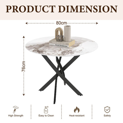 GOLDFAN Round Dining Table 80cm High Gloss White Marble Kitchen Table with Black Metal legs for Dining Room, Office, Apartment