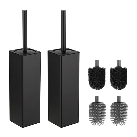 BVL Black Toilet Brush, 2 Piece Square Silicon Toilet Brush and Holder, Free Standing Toilet Brush Including 4 Quick Drying Brush Heads