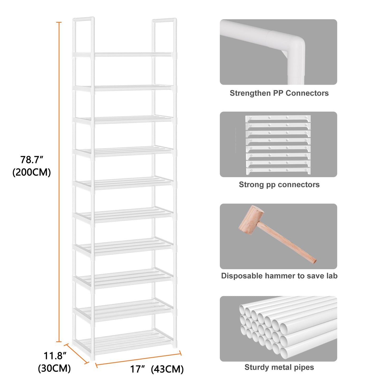 OYREL Shoe Rack, 10 Tier Tall Sturdy Metal Shoe Storage Organizer White
