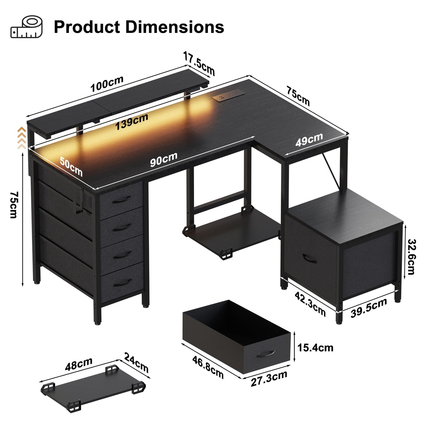 JUMMICO Corner Desk with Cabinet, Reversible L Shaped Computer Desk with Power Outlet and USB Ports, LED Lights and Hooks