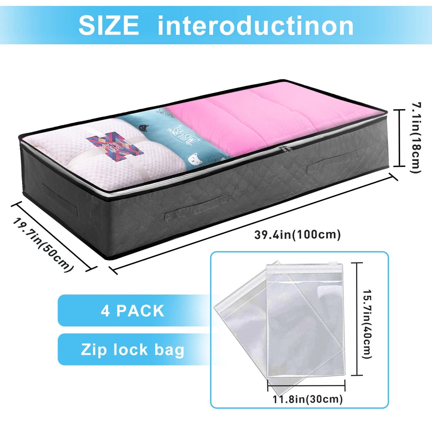 Cleaneaty Underbed Storage Bag 3Pack 90L Large Under Bed Storage Box with 4 x Large Zip lock Bags with PVC Window for Clothes, Duvets, Comforters