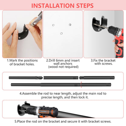 Extendable Wardrobe Pole Black 43-107cm Wardrobe Rails and Fittings 33mm Tube Diameter Stainless Steel Pole for Wardrobe with Screws and Fixing