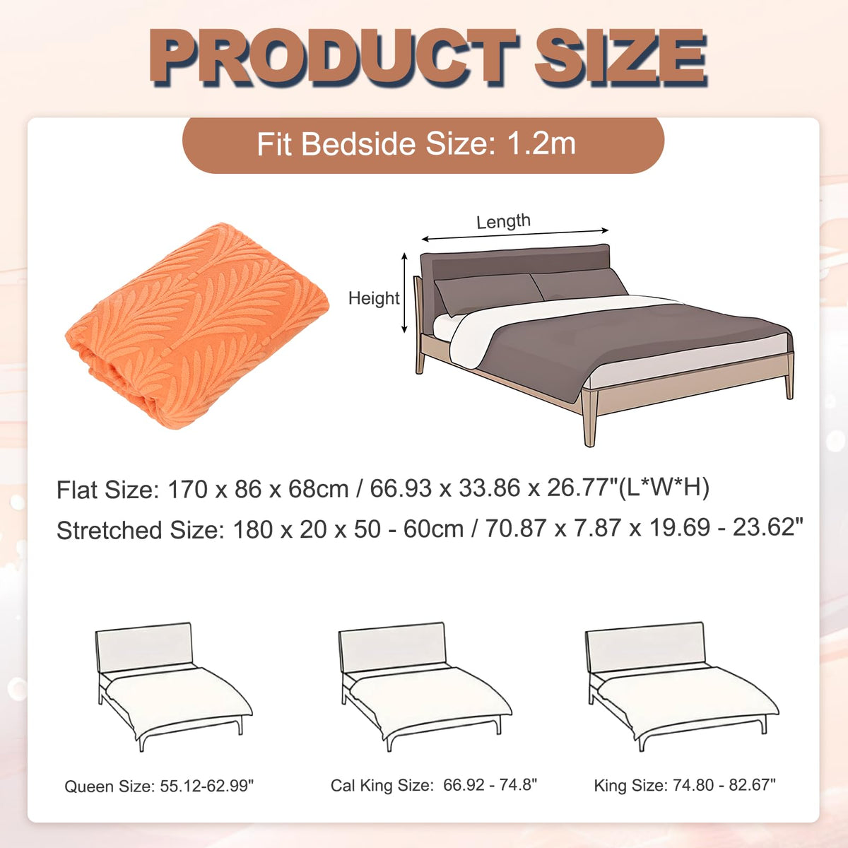 sourcing map Bed Headboard Slipcover, 180cm Jacquard Fabric Stretch Protector Covers, Dustproof Cover for 1.8m Headboard Bedroom Decor, Orange