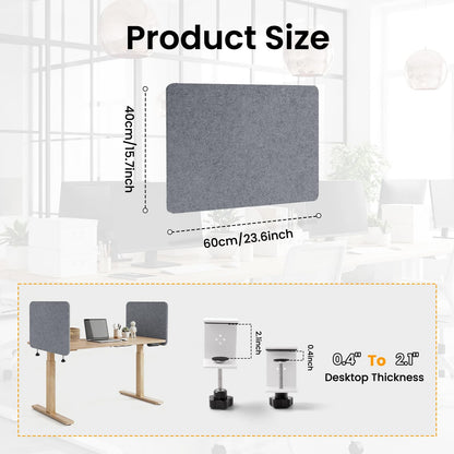 2-Pack Felt Desk Dividers, Clamp-On Panels, 40 x 60 cm, Light Grey