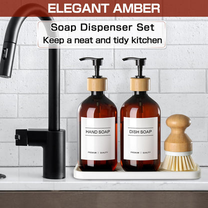 GMISUN Dish Soap Dispenser, Amber Kitchen Soap Dispenser Set with Tray