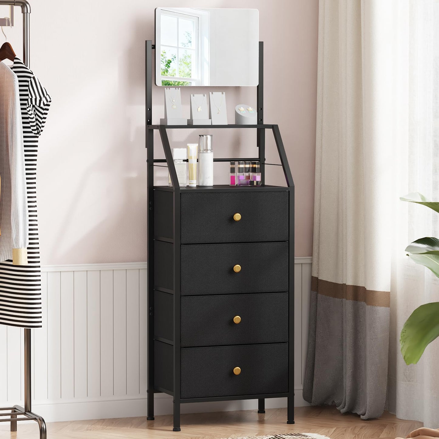 OYRREU Chest of Drawers for Bedroom, Adjustable Mirror & 4 Fabric Drawers, Versatile Tall Dresser for Entryway, Hallway, Livingroom, Dorm, Black