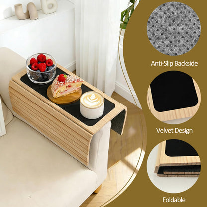 Sofa Arm Tray Natural Bamboo, Foldable Couch Arm Table with Black Coaster, Non-Slip Sofa Armrest Organizer for Recliners and Sectionals