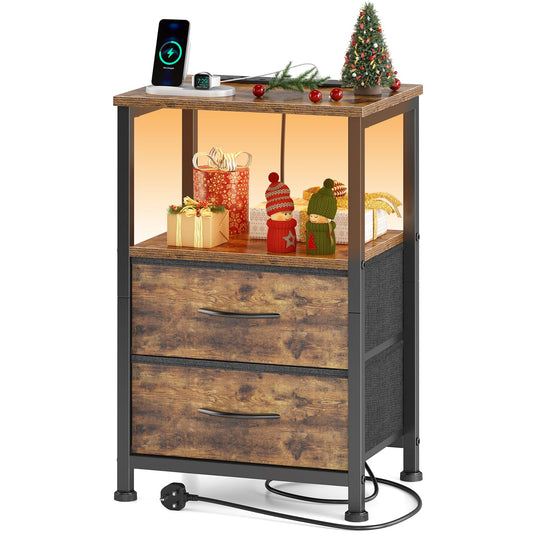 Yornoli Bedside Table with Charging Station 40cm Wide Bed Side Table for Bedroom with 2 Fabric Drawers Small End Tables with Led Lights for Living