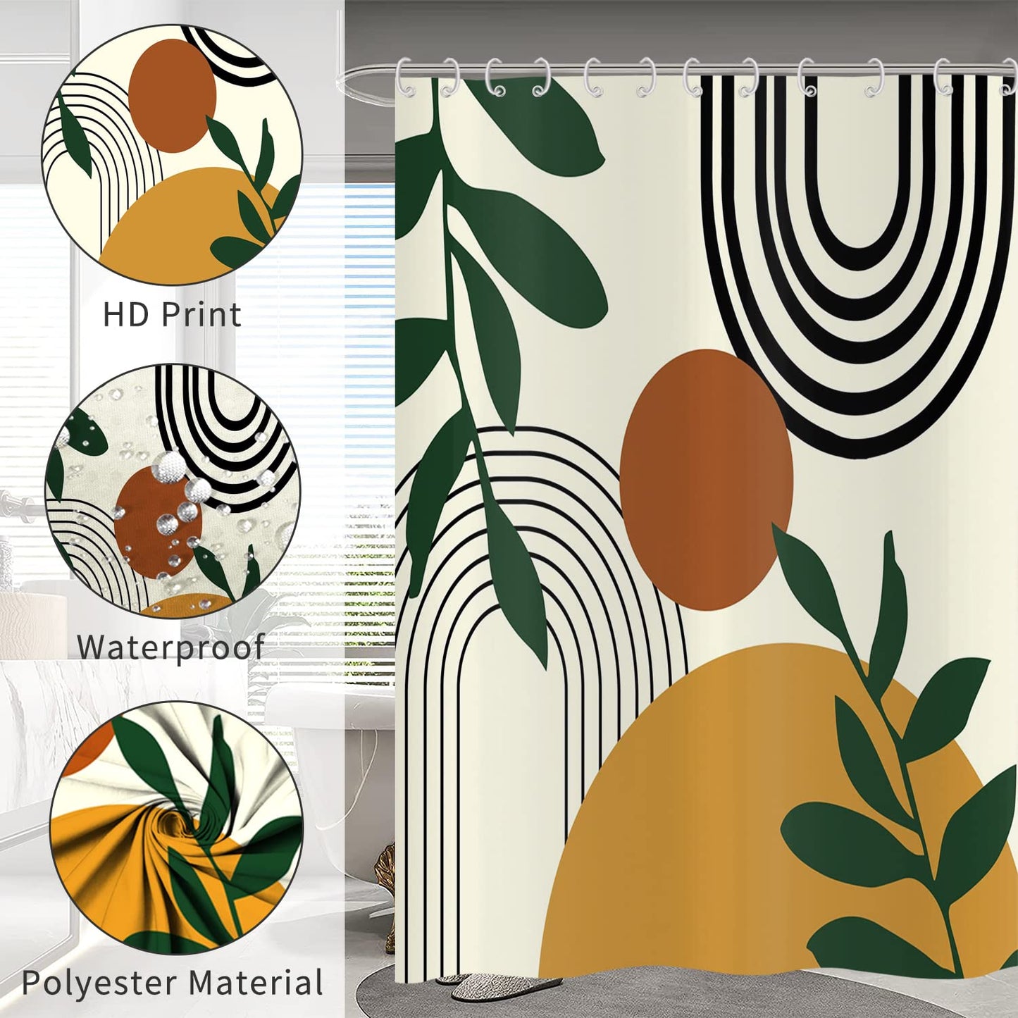 Hnmdmyi Boho Shower Curtain 180x200, Mid Century Abstract Arch Sun Green Leaf Beige Bathroom Curtains Modern Minimalist Aesthetic Art Waterproof