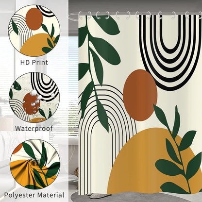 Hnmdmyi Boho Shower Curtain 180x200, Mid Century Abstract Arch Sun Green Leaf Beige Bathroom Curtains Modern Minimalist Aesthetic Art Waterproof