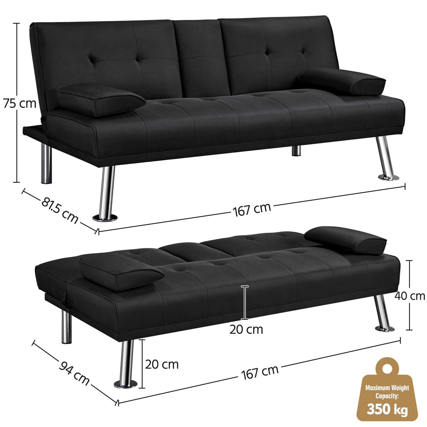 Yaheetech Black 3-in-1 Convertible Sofa Bed with Cup Holder Adjustable Back