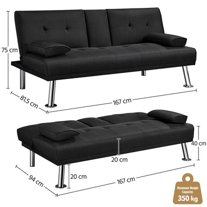 Yaheetech Black 3-in-1 Convertible Sofa Bed with Cup Holder Adjustable Back