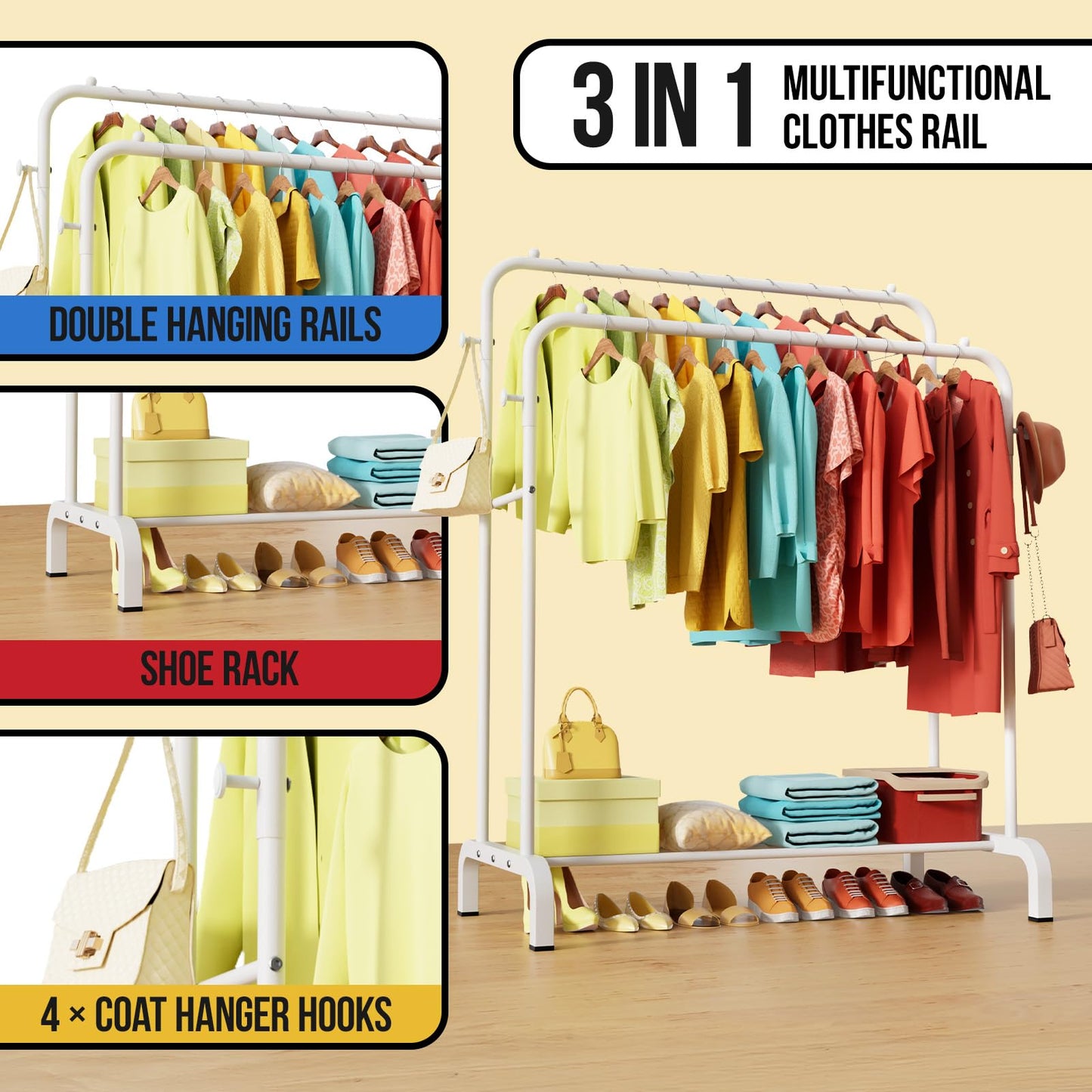 Clothes Rail With Shelves, Double Rods Clothing Rail for Bedroom, White