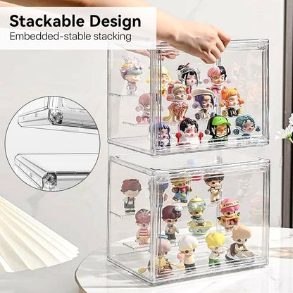 Akamino Acrylic Display Case with Removable 3-Tiered Shelves, 36 x 23 x 27cm Stackable Display Box Dustproof Countertop Cube with Openable Door