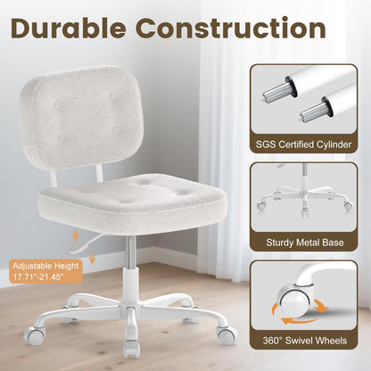 AnyGod Armless Desk Chair, Adjustable Swivel Task Seat, White Teddy-Fleece