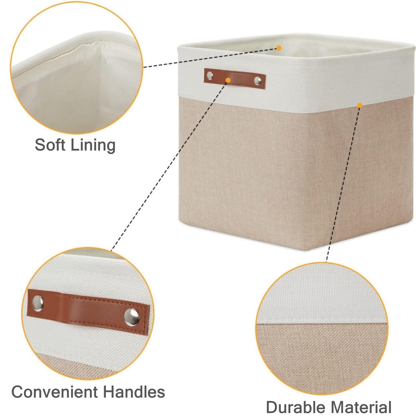 Mangata Collapsible Storage Cube Boxes, 33x38x33cm Linen Woven Fabric Storage Baskets with Leather Handles 4pcs (Light Khaki and White)