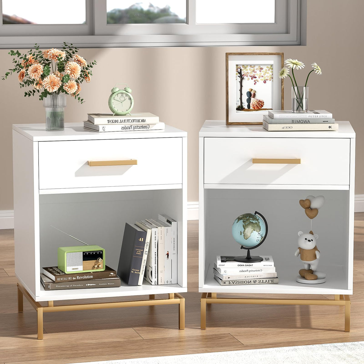Skokliz Bedside Tables Set of 2 - White Cabinet with Drawer & Open Shelf, Modern End Table for Bedroom, Living Room & Small Spaces