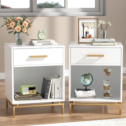 Skokliz Bedside Tables Set of 2 - White Cabinet with Drawer & Open Shelf, Modern End Table for Bedroom, Living Room & Small Spaces