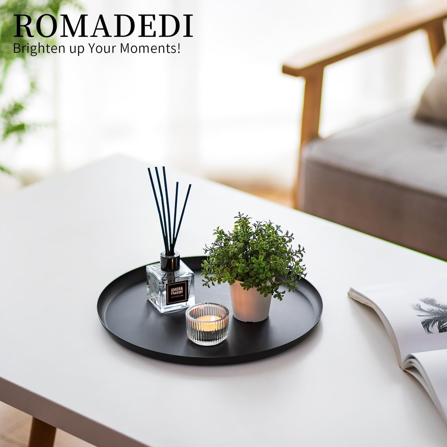 Romadedi Round Decorative Black Tray - Metal Candle Trays for Coffee Table Decor Candle Holders Plate for Centerpiece Kitchen Counter Perfume Organiser Display Home Decorations, 28cm